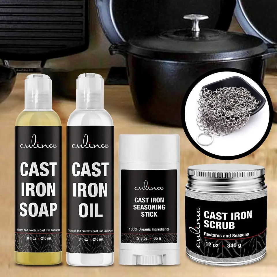 Culina Cast Iron Seasoning Stick & Soap & Oil Conditioner & Restoring Scrub & Stainless Scrubber | All Natural Ingredients | Best for Cleaning, Non-stick Cooking & Restoring | Cast Iron Cookware - LivanaNatural