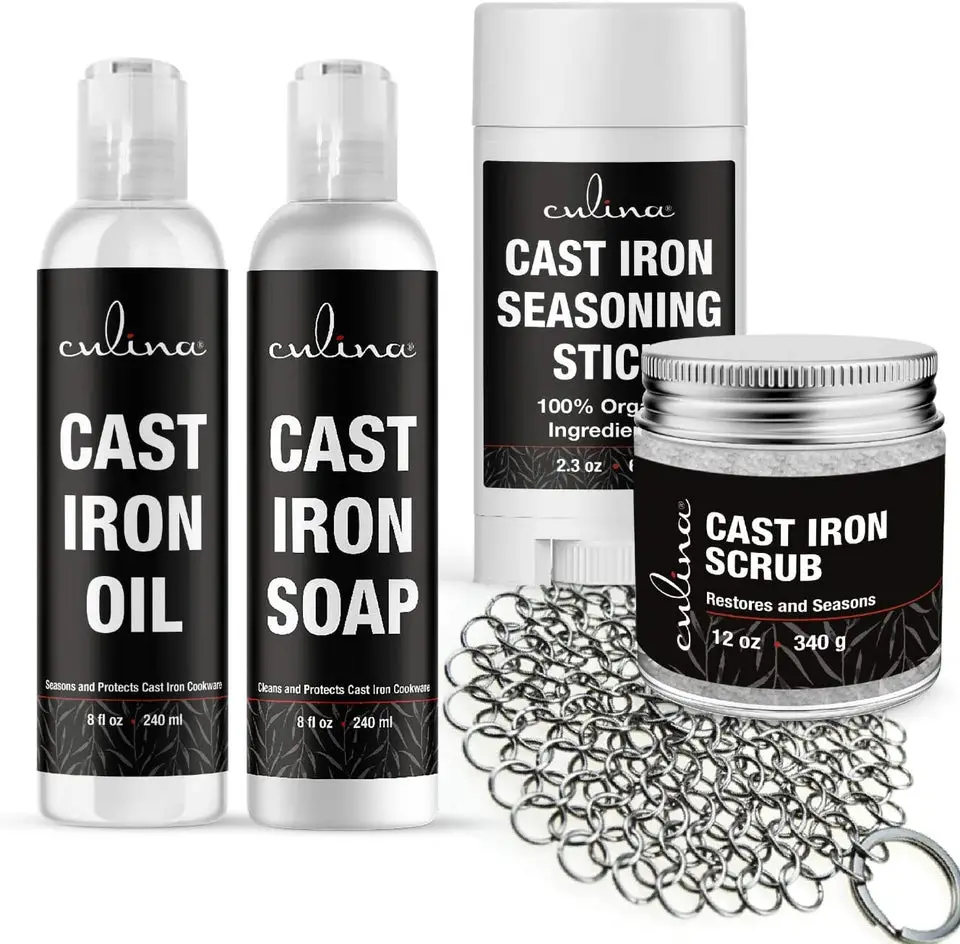 Culina Cast Iron Seasoning Stick & Soap & Oil Conditioner & Restoring Scrub & Stainless Scrubber | All Natural Ingredients | Best for Cleaning, Non-stick Cooking & Restoring | Cast Iron Cookware - LivanaNatural