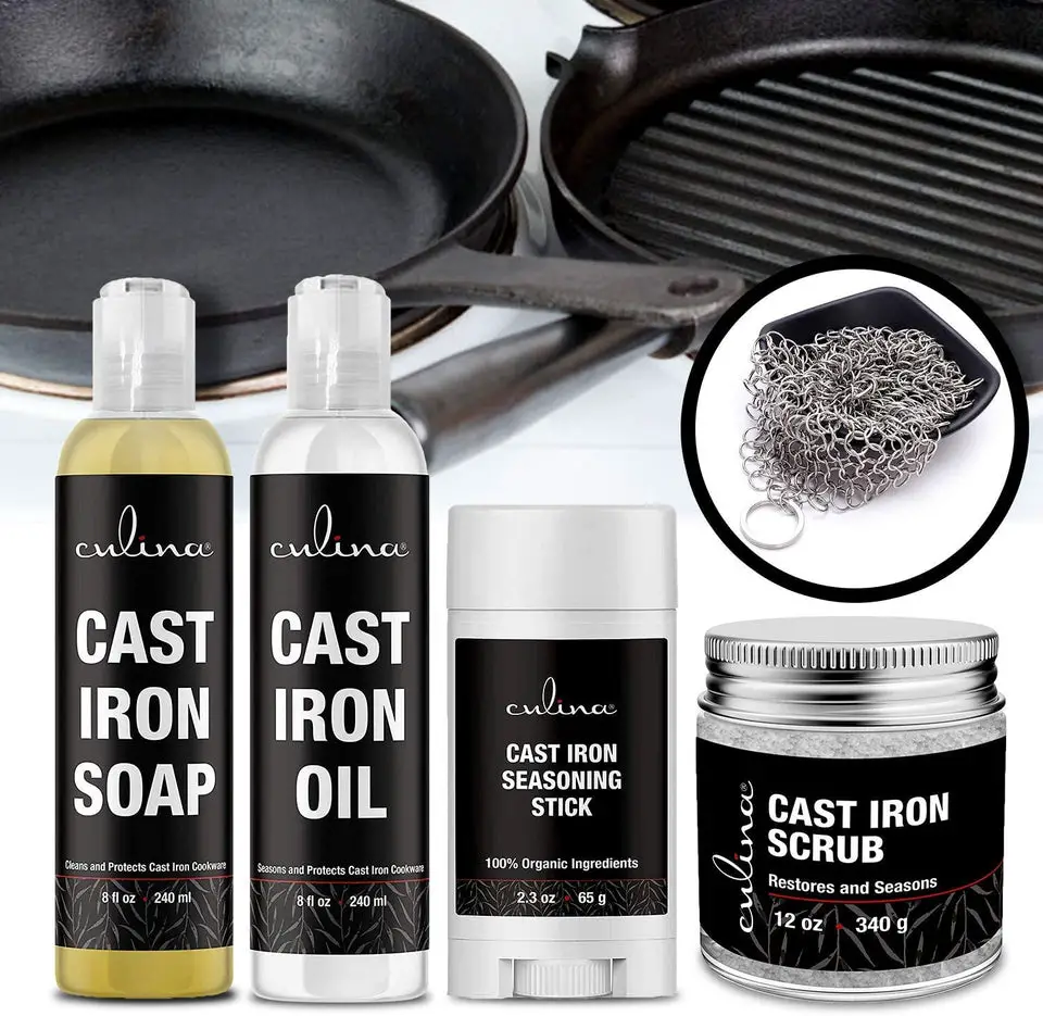 Culina Cast Iron Seasoning Stick & Soap & Oil Conditioner & Restoring Scrub & Stainless Scrubber | All Natural Ingredients | Best for Cleaning, Non-stick Cooking & Restoring | Cast Iron Cookware - LivanaNatural