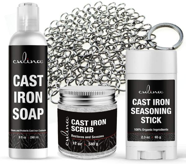 Culina Cast Iron Soap Set & Conditioning Oil & Stainless Scrubber | All  Natural Ingredients | Best for Cleaning, Non-stick Cooking & Restoring |  for