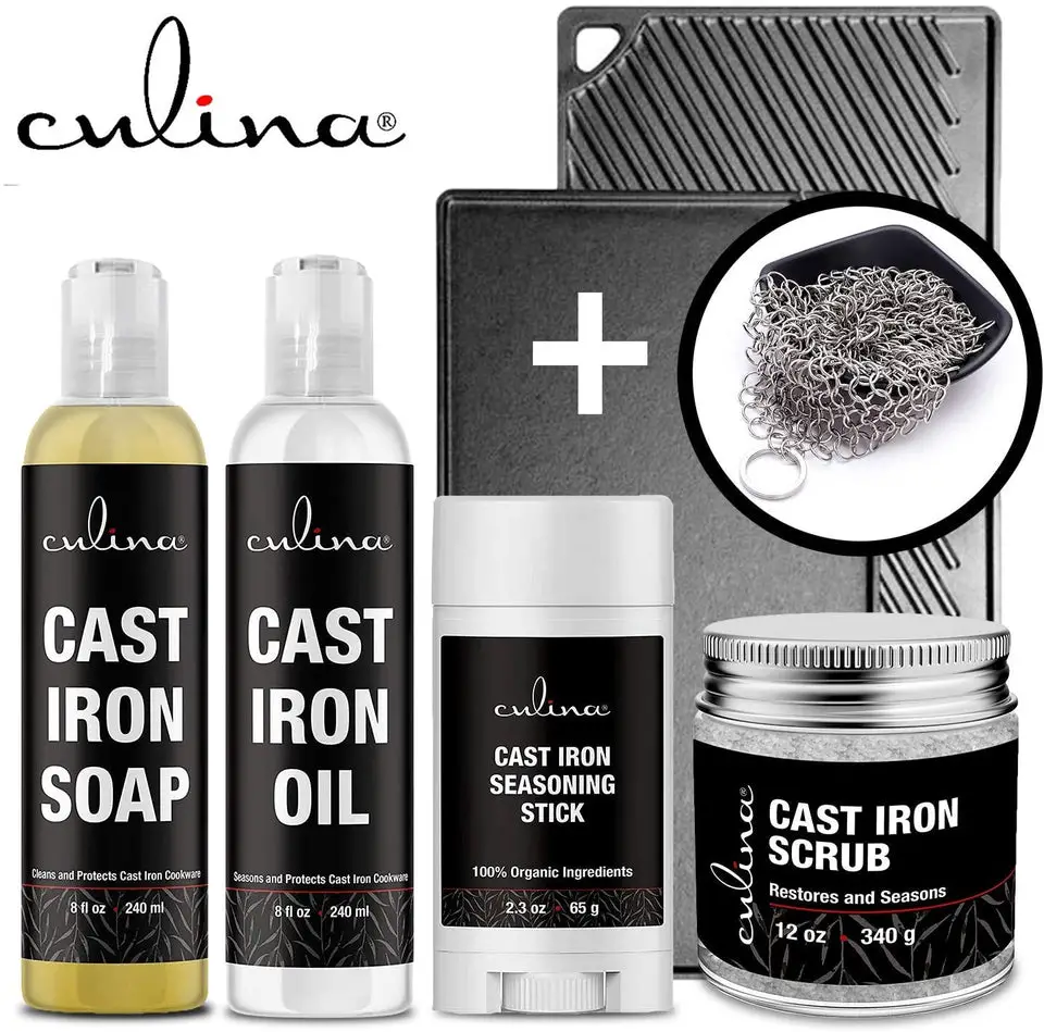Culina Cast Iron Seasoning Stick & Soap & Oil Conditioner & Restoring Scrub & Stainless Scrubber | All Natural Ingredients | Best for Cleaning, Non-stick Cooking & Restoring | Cast Iron Cookware - LivanaNatural
