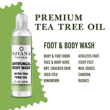 Natural Antifungal Cleanser Antifungal Tea Tree Oil Body Wash, Helps Athletes Foot, Ringworm, Toenail Fungus, Jock Itch, Acne, Body Odor- Soothes Itching & Promotes Healthy Feet, Skin and Nails 8 OZ - Livananatural