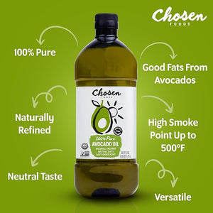 Chosen Foods 100% Pure Avocado Oil for Cooking - Made With Good Fats from Avocados, Naturally Refined, Never Adulterated, High Smoke Point, Non-GMO, Soy-Free, Canola Oil-Free, Gluten-Free, Paleo, Keto