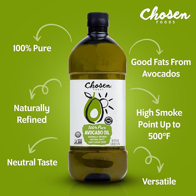 Chosen Foods 100% Pure Avocado Oil for Cooking - Made With Good Fats from Avocados, Naturally Refined, Never Adulterated, High Smoke Point, Non-GMO, Soy-Free, Canola Oil-Free, Gluten-Free, Paleo, Keto