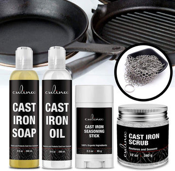 Culina Cast Iron Seasoning Stick & Soap & Oil Conditioner & Restoring Scrub & Stainless Scrubber | All Natural Ingredients | Best for Cleaning, Non-stick Cooking & Restoring | Cast Iron Cookware - LivanaNatural 