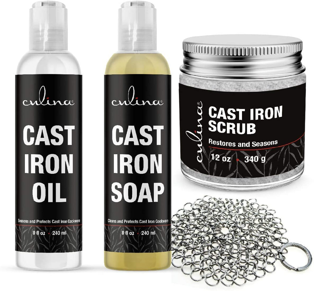 Culina Cast Iron Soap Set | Conditioning Oil | Stainless Scrubber | Restoring Scrub | All Natural Ingredients | Best for Cleaning, Non-stick Cooking & Restoring | for Cast Iron Cookware, Skillets, Pans & Grills!… - Livananatural