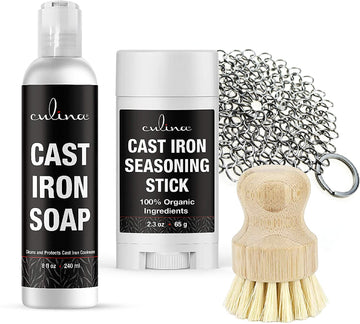 Culina Cast Iron Seasoning Stick & Soap & Stainless Scrubber & brush - LivanaNatural 