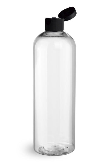 BulkDIY Clear PET Plastic Bottle - Cosmo - 480 ml (16 oz)- w/Black Flip Top Cap and Induction Seal - Livananatural