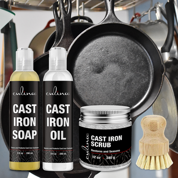 Culina Cast Iron Soap Set | Conditioning Oil | Stainless Scrubber | Restoring Scrub | All Natural Ingredients | Best for Cleaning, Non-stick Cooking & Restoring | for Cast Iron Cookware, Skillets, Pans & Grills!… - Livananatural