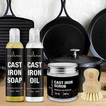Culina Cast Iron Soap Set | Conditioning Oil | Stainless Scrubber | Restoring Scrub | All Natural Ingredients | Best for Cleaning, Non-stick Cooking & Restoring | for Cast Iron Cookware, Skillets, Pans & Grills!… - Livananatural