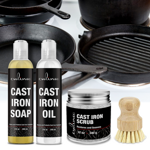 Culina Cast Iron Soap Set | Conditioning Oil | Stainless Scrubber | Restoring Scrub | All Natural Ingredients | Best for Cleaning, Non-stick Cooking & Restoring | for Cast Iron Cookware, Skillets, Pans & Grills!… - Livananatural