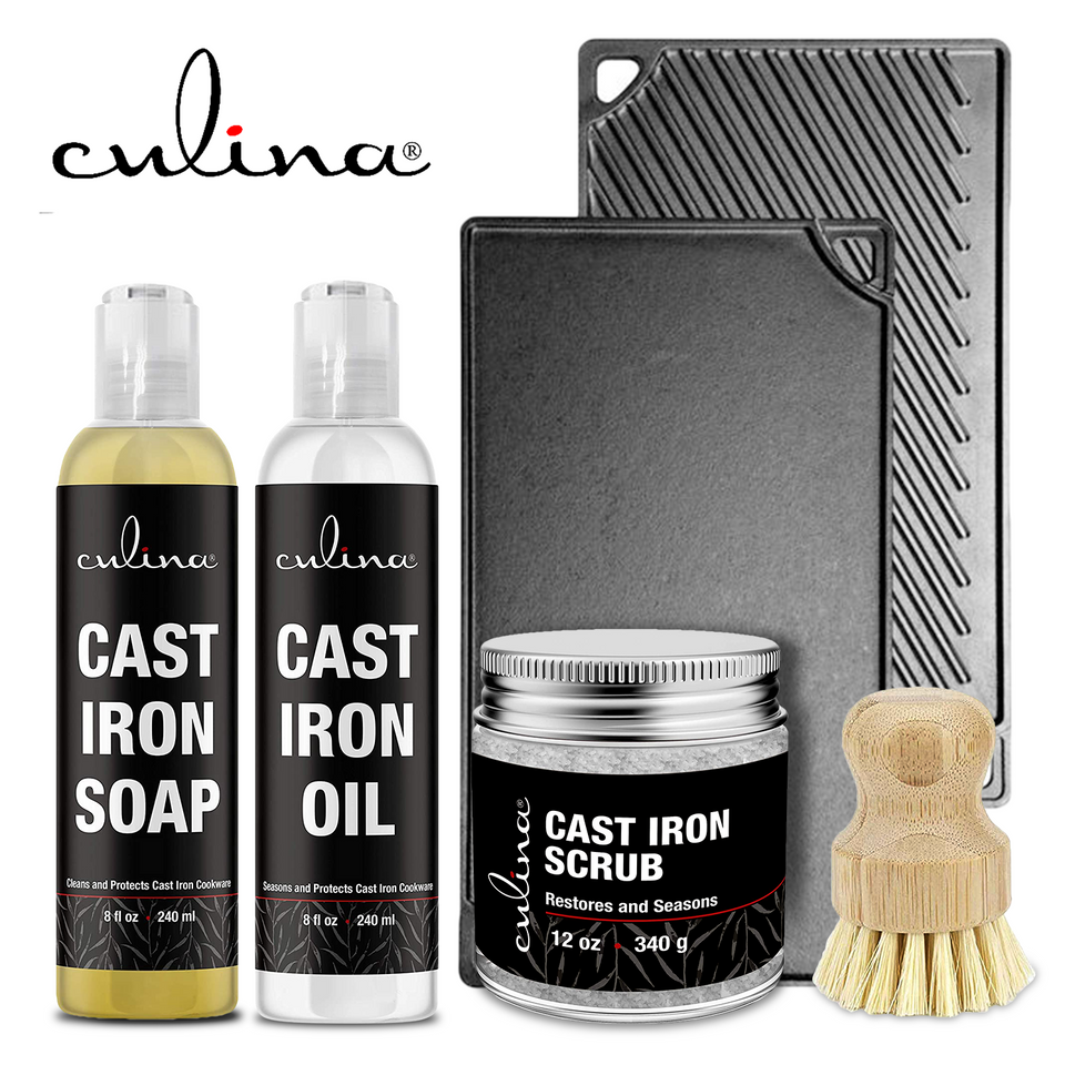 Culina Cast Iron Soap Set | Conditioning Oil | Stainless Scrubber | Restoring Scrub | All Natural Ingredients | Best for Cleaning, Non-stick Cooking & Restoring | for Cast Iron Cookware, Skillets, Pans & Grills!… - Livananatural